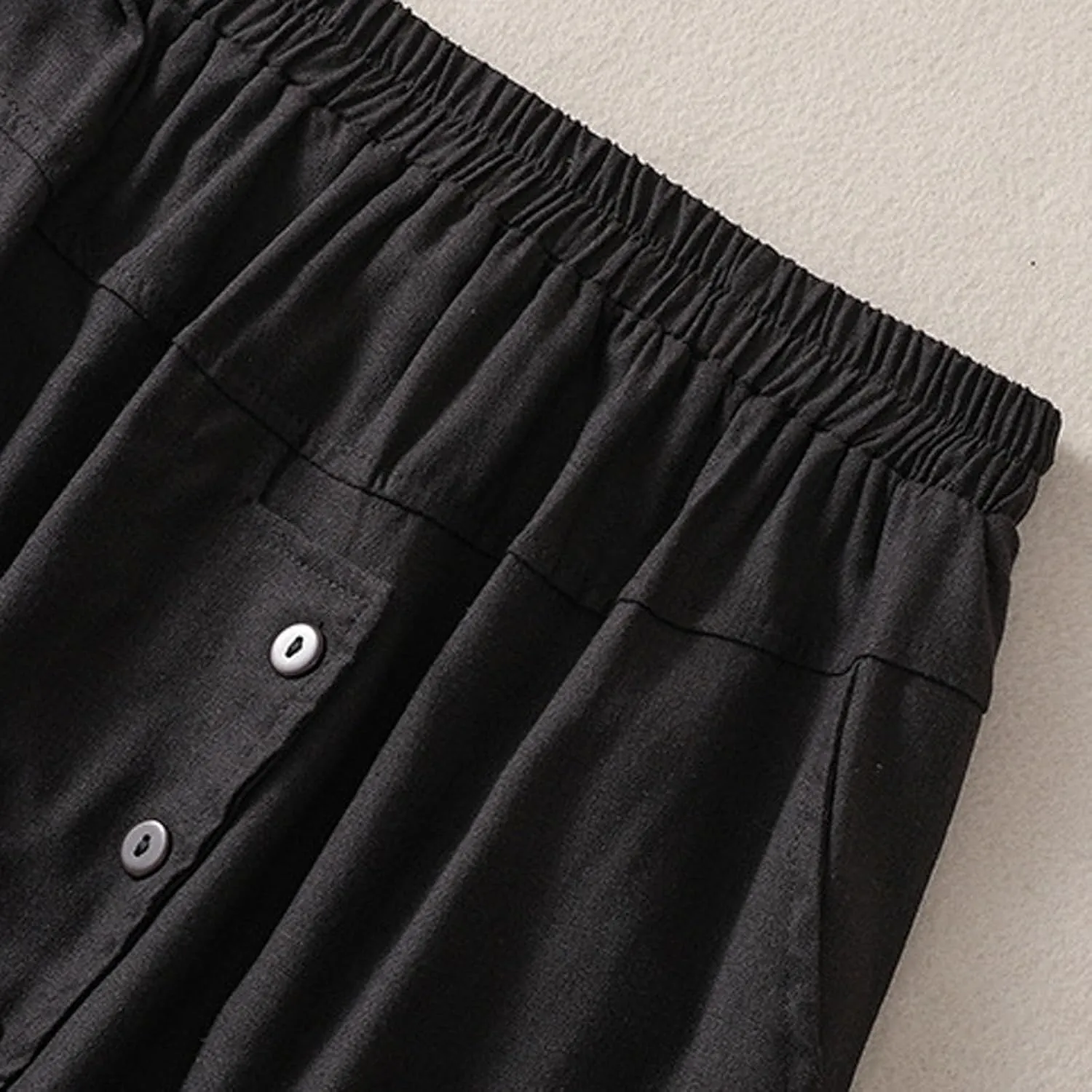 2024 Summer Skirts for Women Solid Color Casual Pleated Skirt Elastic Waist Elegant Button Midi Skirts with Pocket