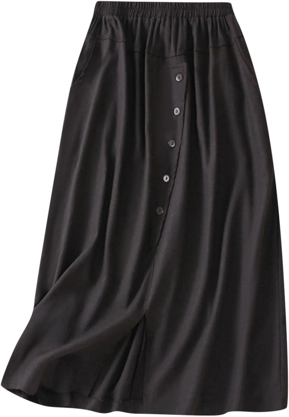 2024 Summer Skirts for Women Solid Color Casual Pleated Skirt Elastic Waist Elegant Button Midi Skirts with Pocket