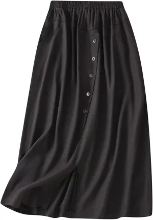 2024 Summer Skirts for Women Solid Color Casual Pleated Skirt Elastic Waist Elegant Button Midi Skirts with Pocket