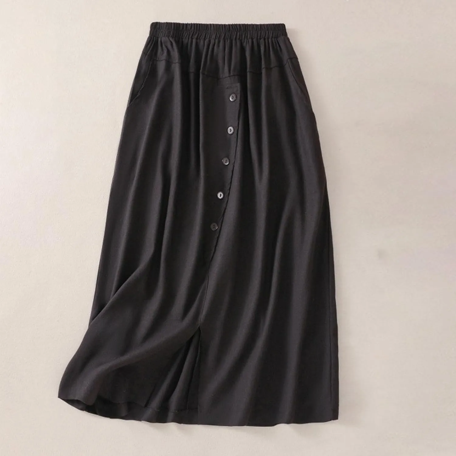 2024 Summer Skirts for Women Solid Color Casual Pleated Skirt Elastic Waist Elegant Button Midi Skirts with Pocket