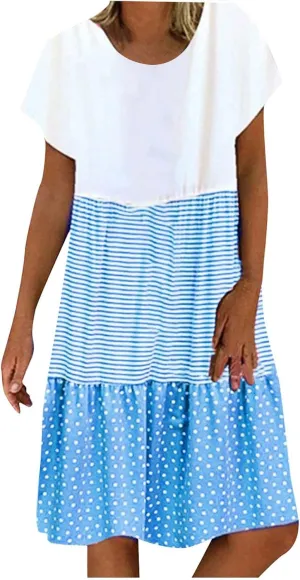 2025 Boho Dresses for Women Trendy Casual Short Sleeve Summer Tshirt Dress Plus Size Colorblock Swing Midi Sundress