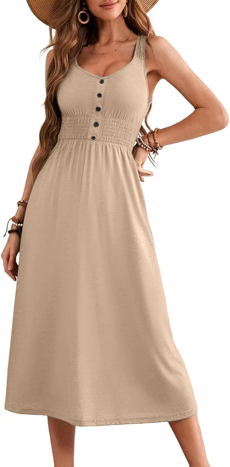 2025 Woman's U Neck Sleeveless Dress Front Button Elastic Smocked Waist Summer Dresses Casual Mid-Calf Sundress
