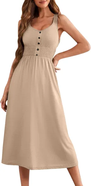 2025 Woman's U Neck Sleeveless Dress Front Button Elastic Smocked Waist Summer Dresses Casual Mid-Calf Sundress
