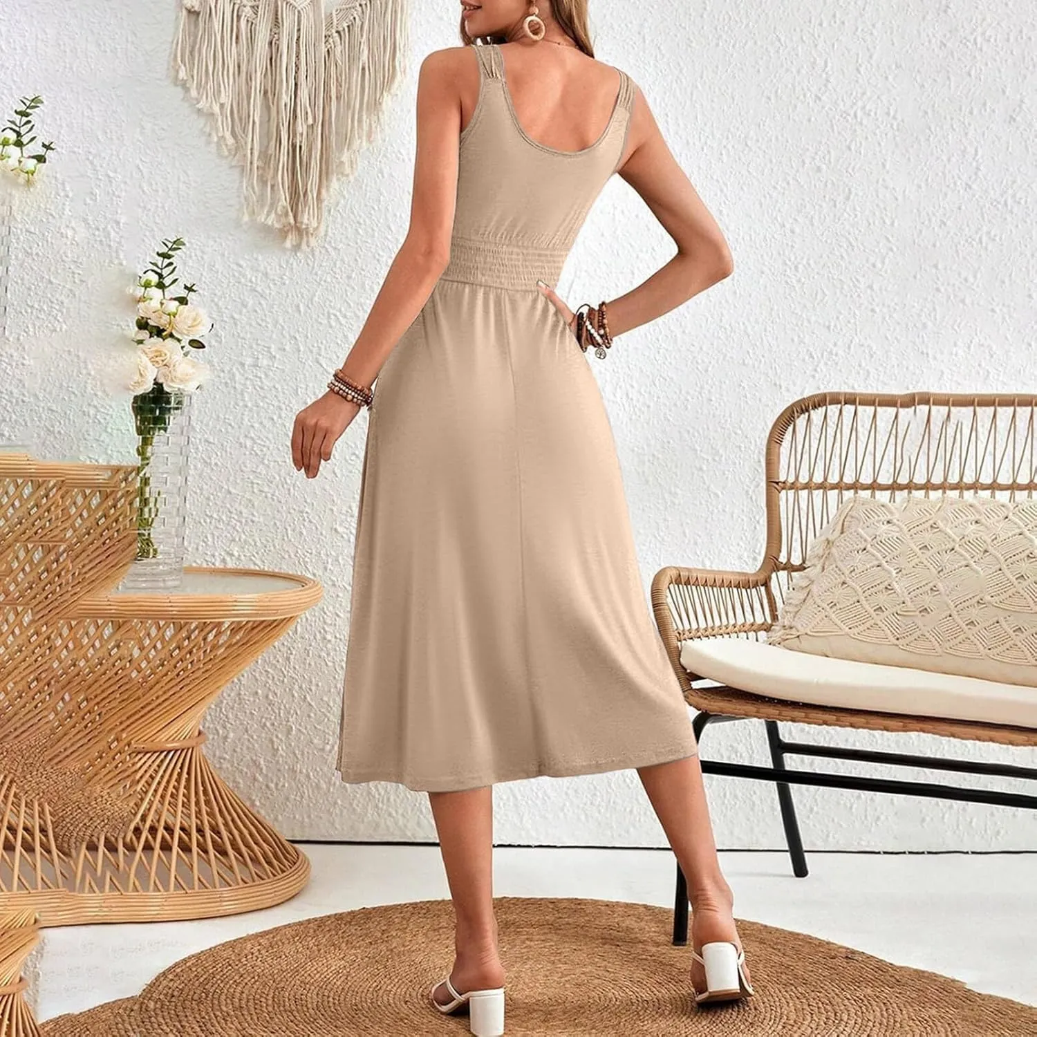 2025 Woman's U Neck Sleeveless Dress Front Button Elastic Smocked Waist Summer Dresses Casual Mid-Calf Sundress