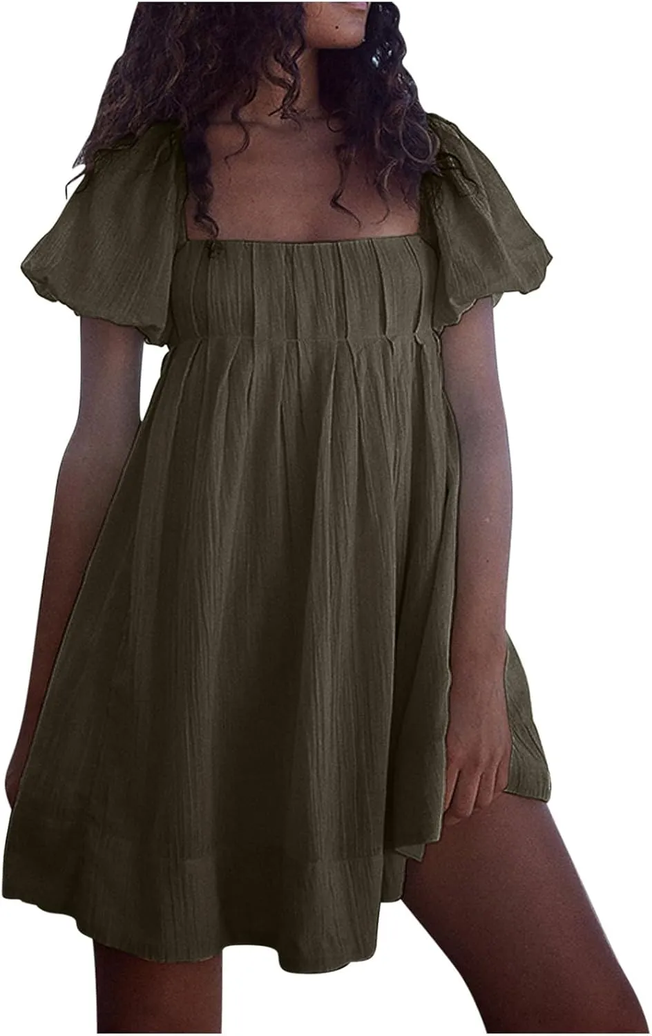 2025 Women's Puff Sleeve Sweet Mini Dress Square Neck Flowy Adorable and Retro Dresses for Picnics, Summer Vacations