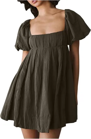 2025 Women's Puff Sleeve Sweet Mini Dress Square Neck Flowy Adorable and Retro Dresses for Picnics, Summer Vacations