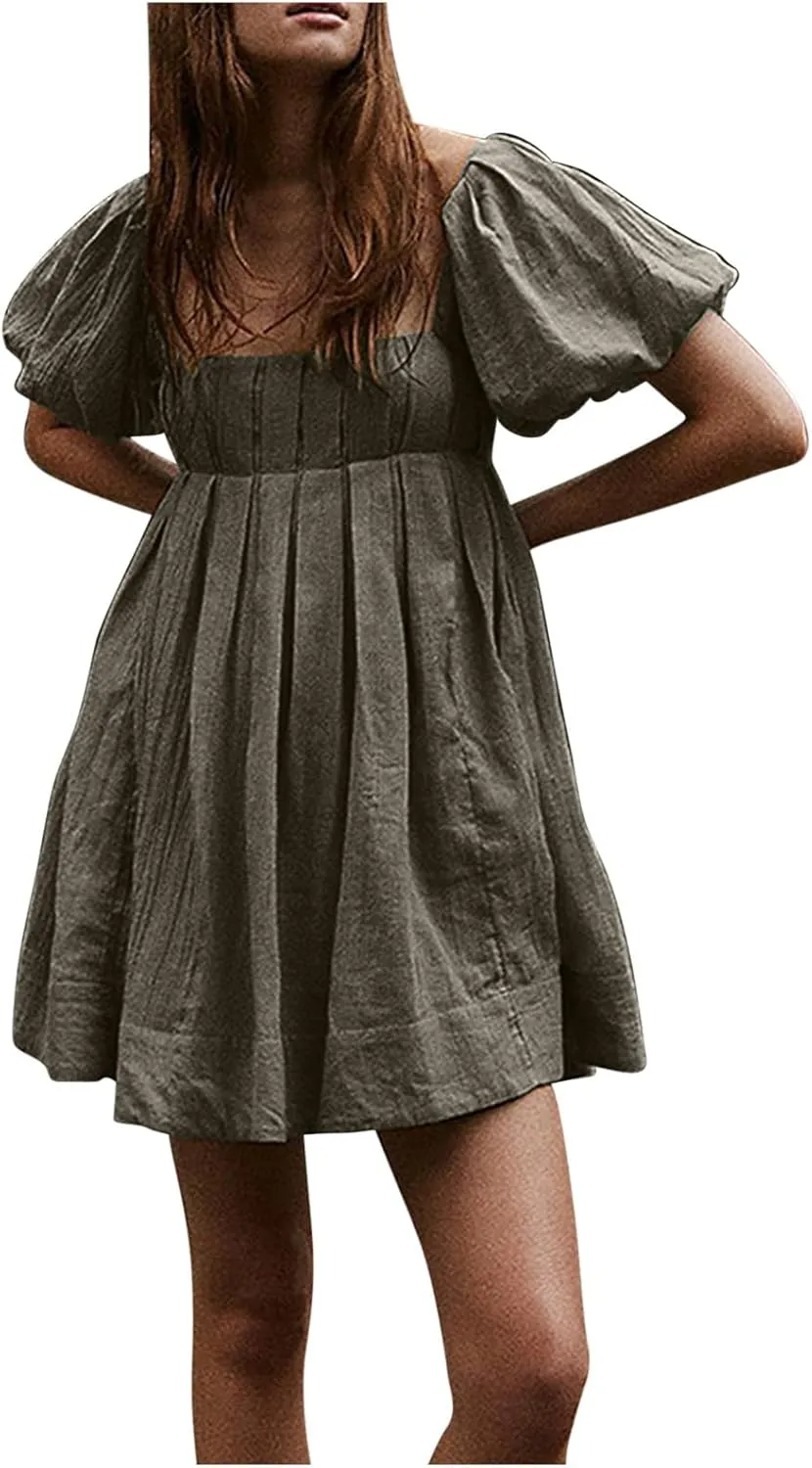 2025 Women's Puff Sleeve Sweet Mini Dress Square Neck Flowy Adorable and Retro Dresses for Picnics, Summer Vacations