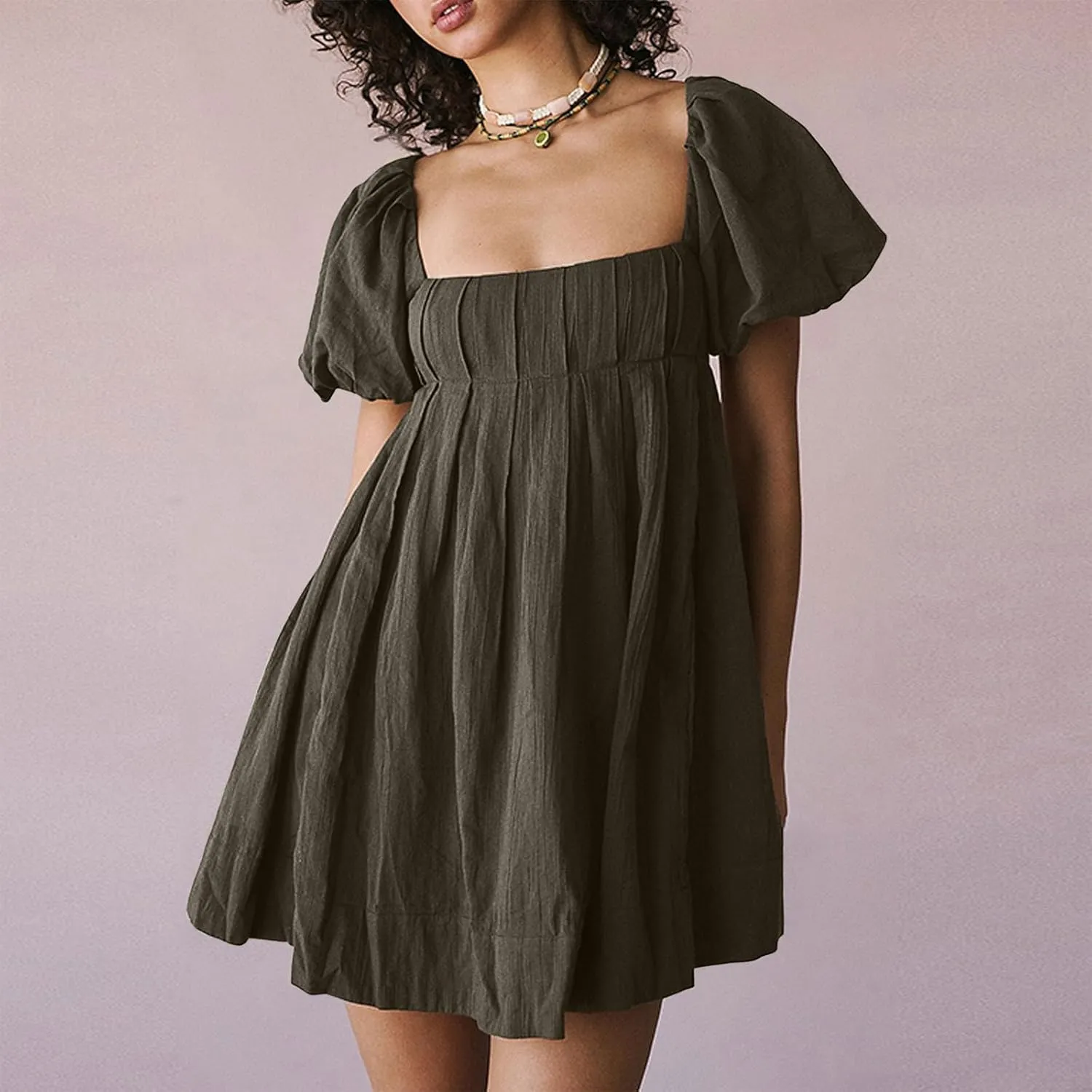2025 Women's Puff Sleeve Sweet Mini Dress Square Neck Flowy Adorable and Retro Dresses for Picnics, Summer Vacations