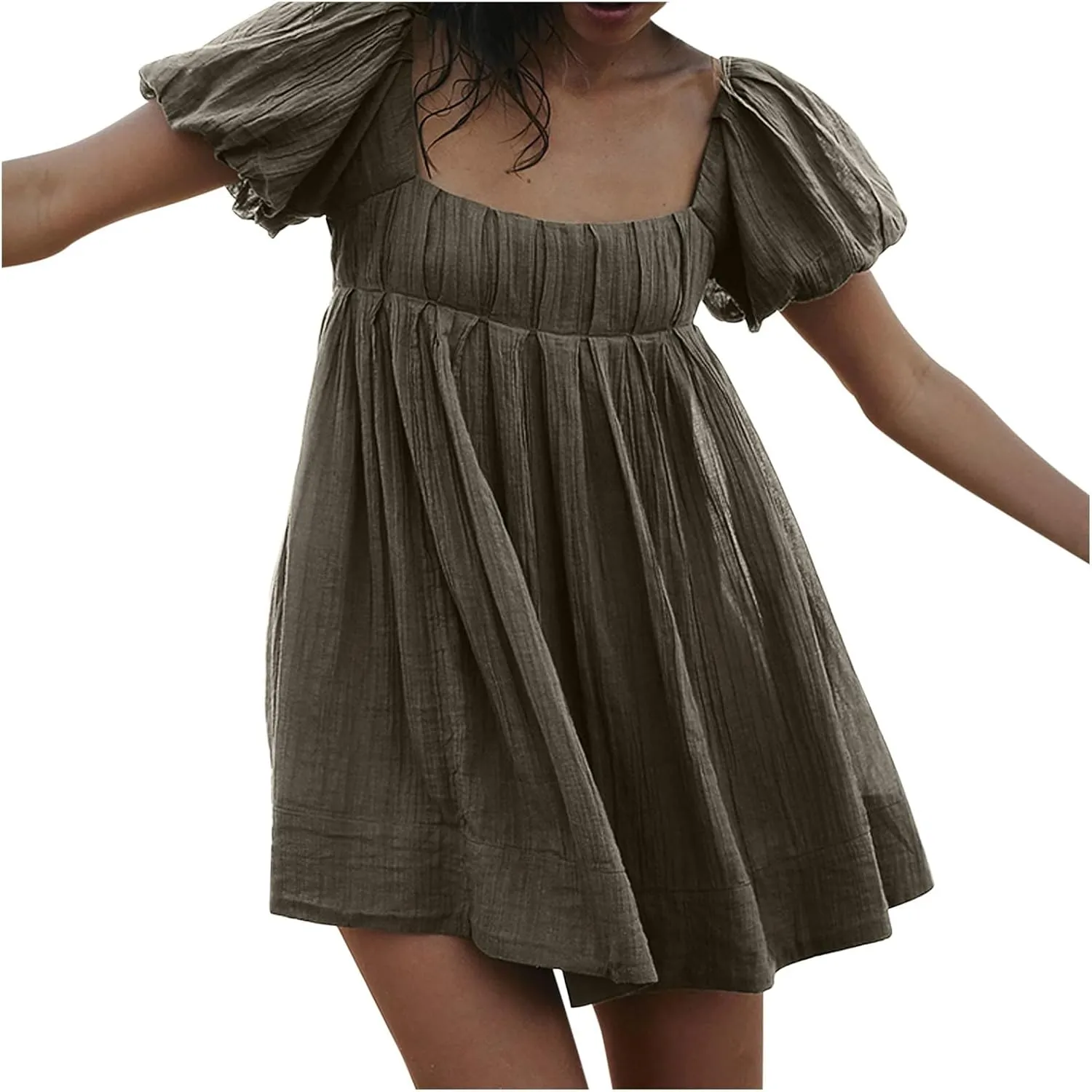 2025 Women's Puff Sleeve Sweet Mini Dress Square Neck Flowy Adorable and Retro Dresses for Picnics, Summer Vacations