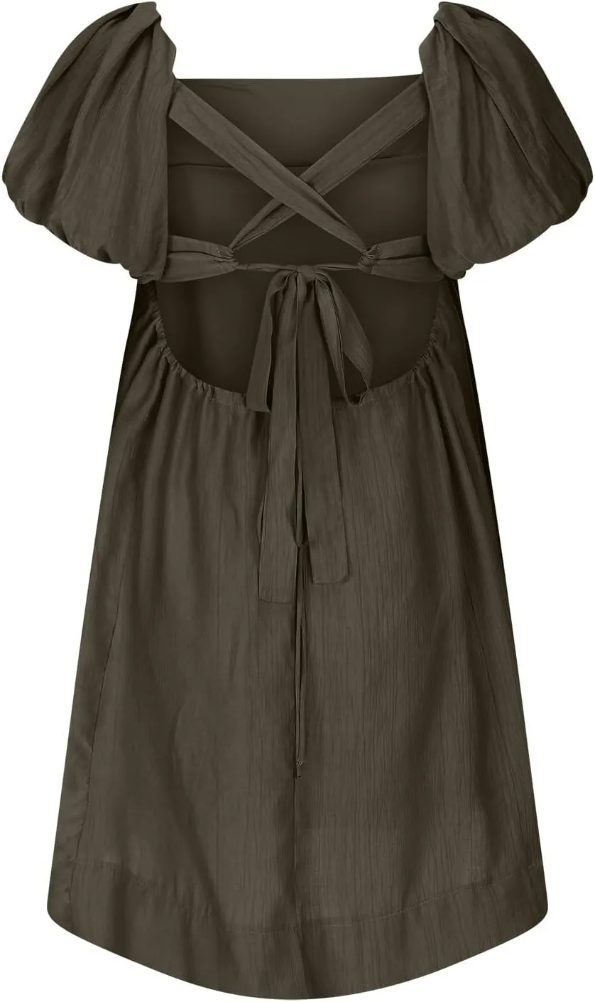2025 Women's Puff Sleeve Sweet Mini Dress Square Neck Flowy Adorable and Retro Dresses for Picnics, Summer Vacations