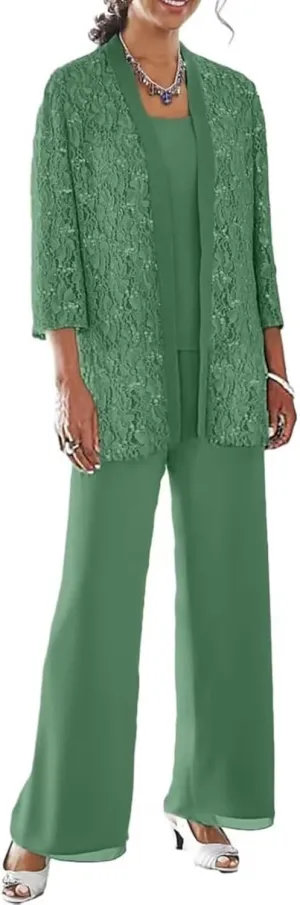 3 Pieces Mother of The Bride Pant Suits for Wedding with Jacket Laces Chiffon Formal Outfit Womens Jumpsuit