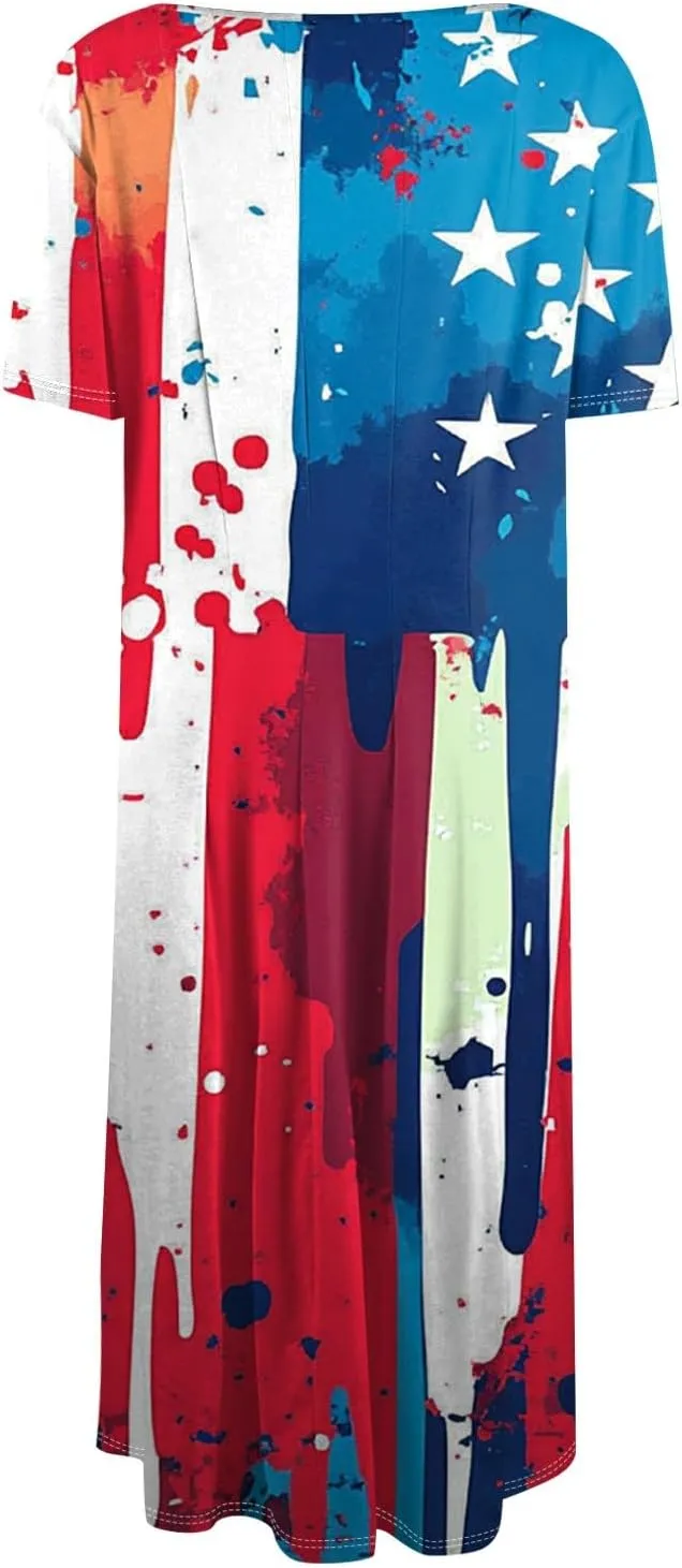 4th of July Dresses for Women Summer Casual Short Sleeve Crewneck A-Line Midi American Flag Independence Day Outfits