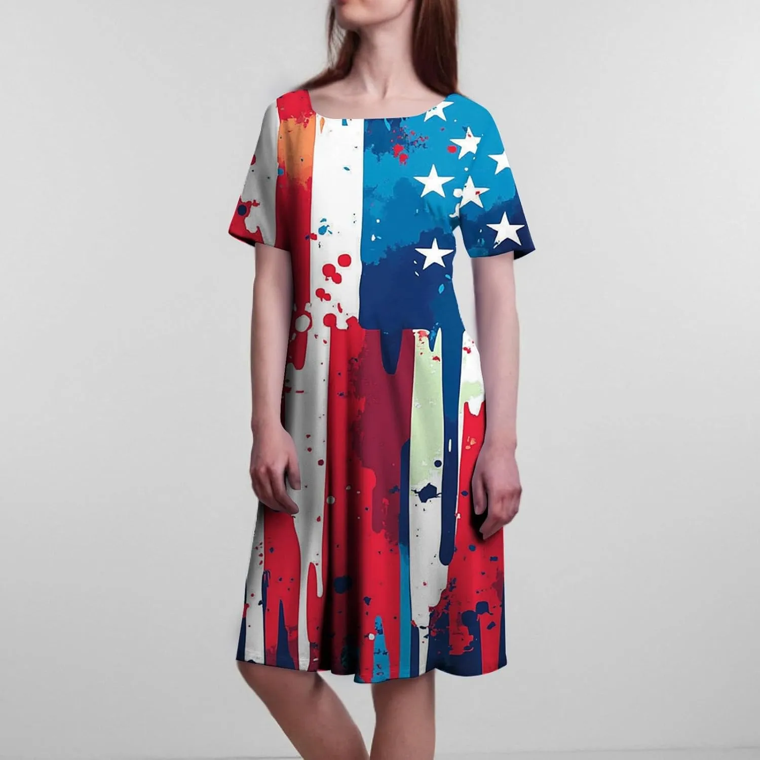 4th of July Dresses for Women Summer Casual Short Sleeve Crewneck A-Line Midi American Flag Independence Day Outfits