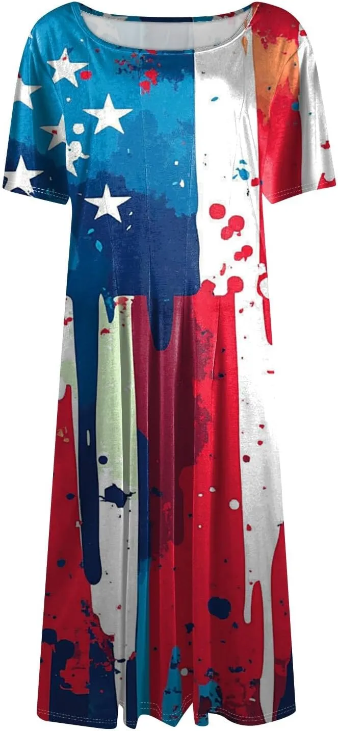 4th of July Dresses for Women Summer Casual Short Sleeve Crewneck A-Line Midi American Flag Independence Day Outfits