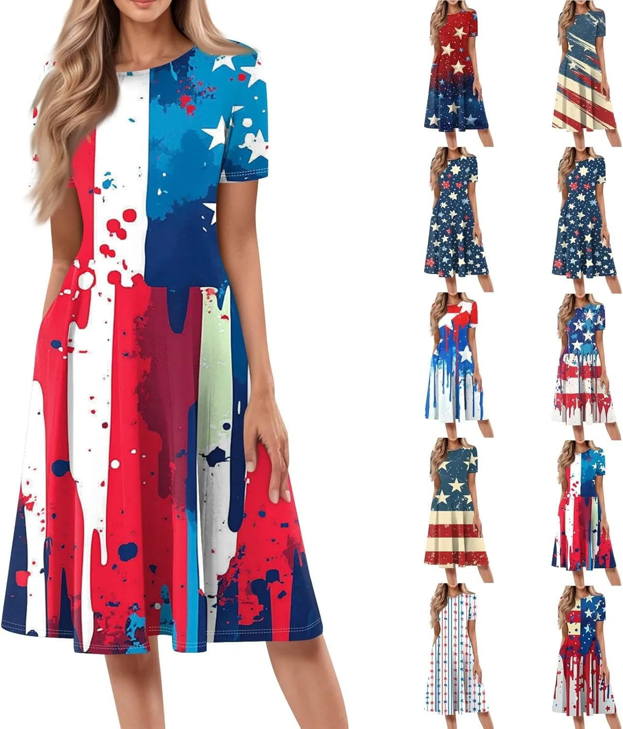 4th of July Dresses for Women Summer Casual Short Sleeve Crewneck A-Line Midi American Flag Independence Day Outfits