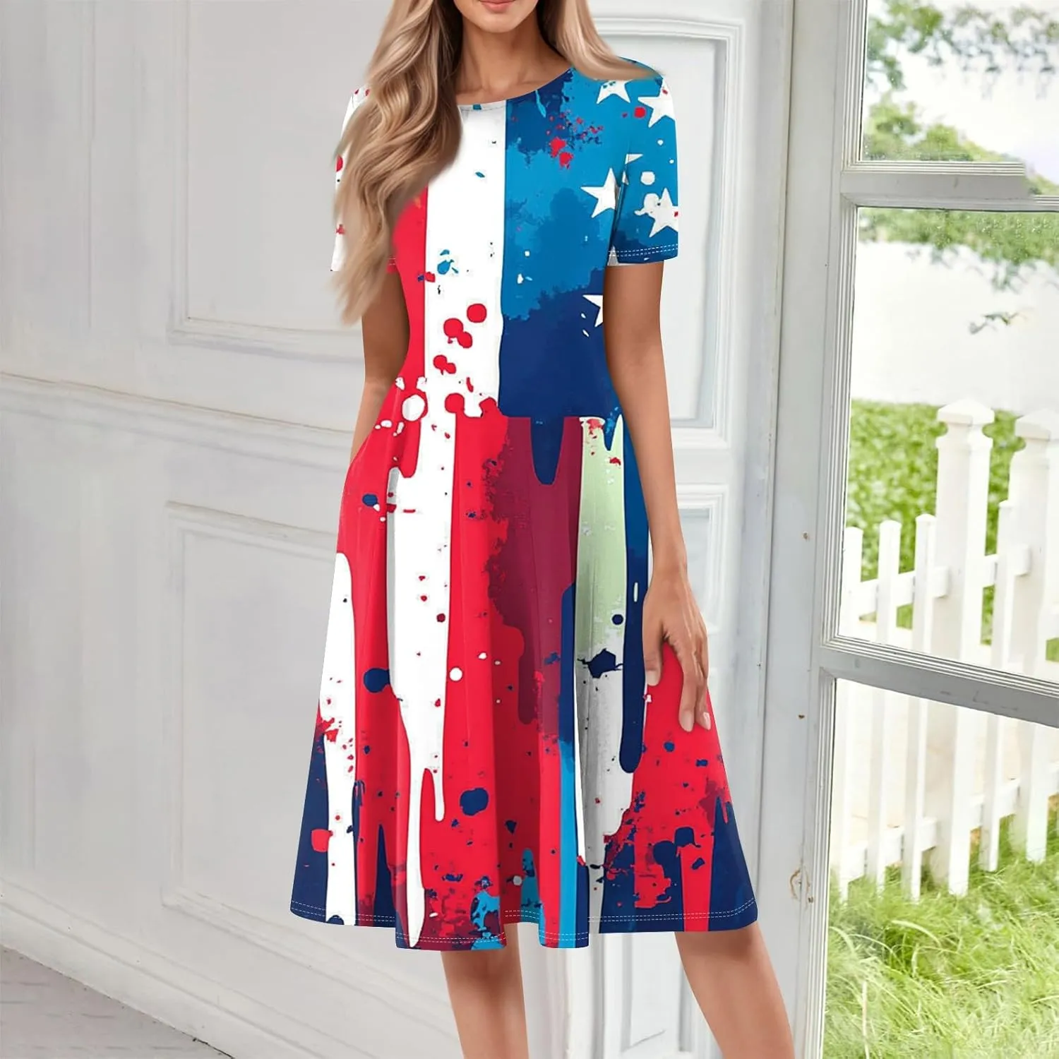 4th of July Dresses for Women Summer Casual Short Sleeve Crewneck A-Line Midi American Flag Independence Day Outfits