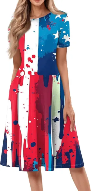 4th of July Dresses for Women Summer Casual Short Sleeve Crewneck A-Line Midi American Flag Independence Day Outfits