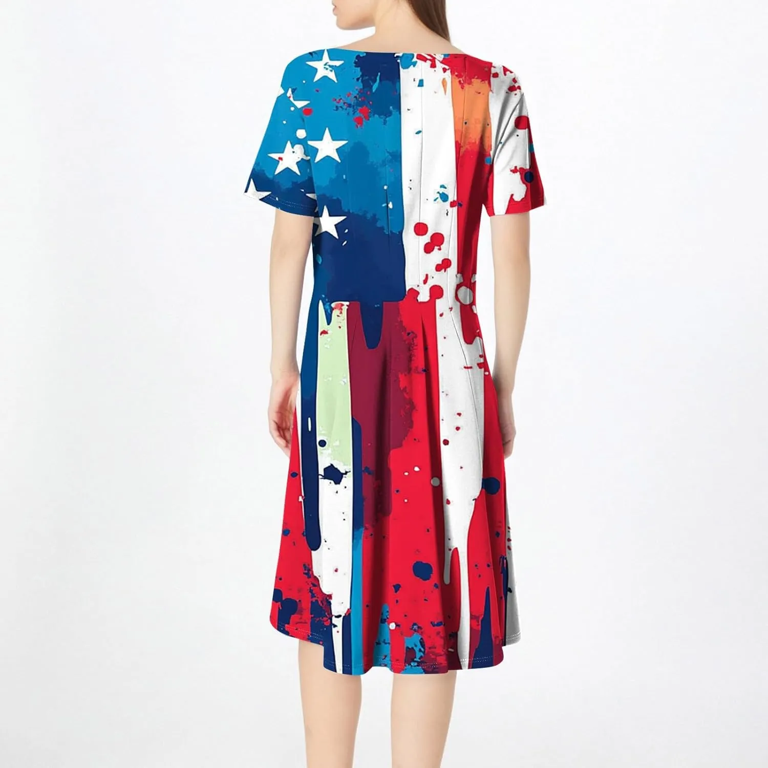 4th of July Dresses for Women Summer Casual Short Sleeve Crewneck A-Line Midi American Flag Independence Day Outfits