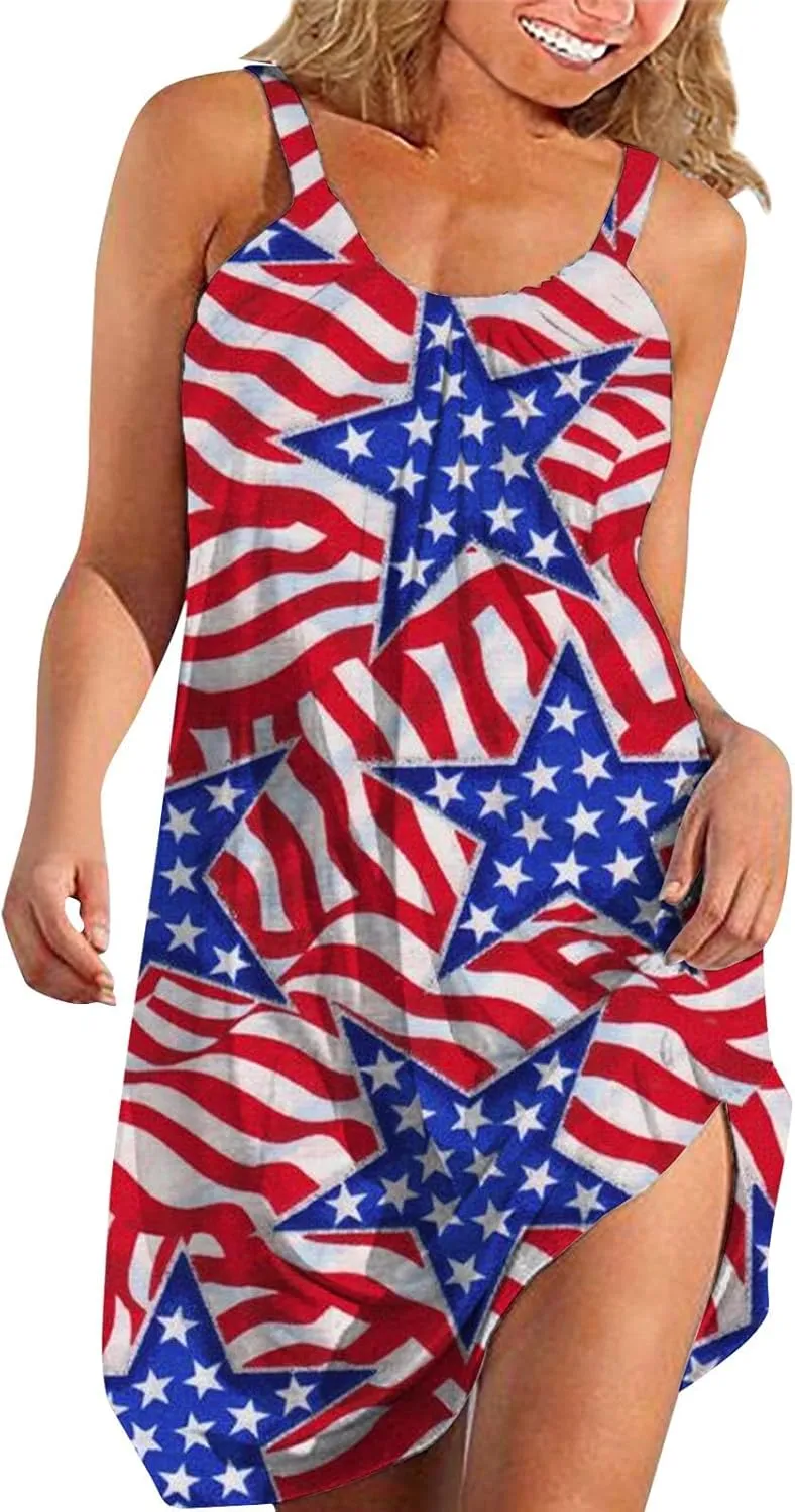 4th of July Dresses for Women Summer Casual Sleeveless Beach Flowy Sundress Patriotic American Flag Stars Tank Dress