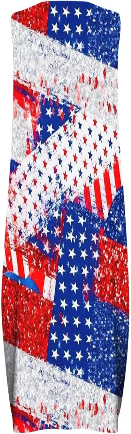 4th of July Maxi Long Dresses for Women 2023 Casual Summer Sleeveless Flowy Tank Sundress Star Stripes Patriotic Dress