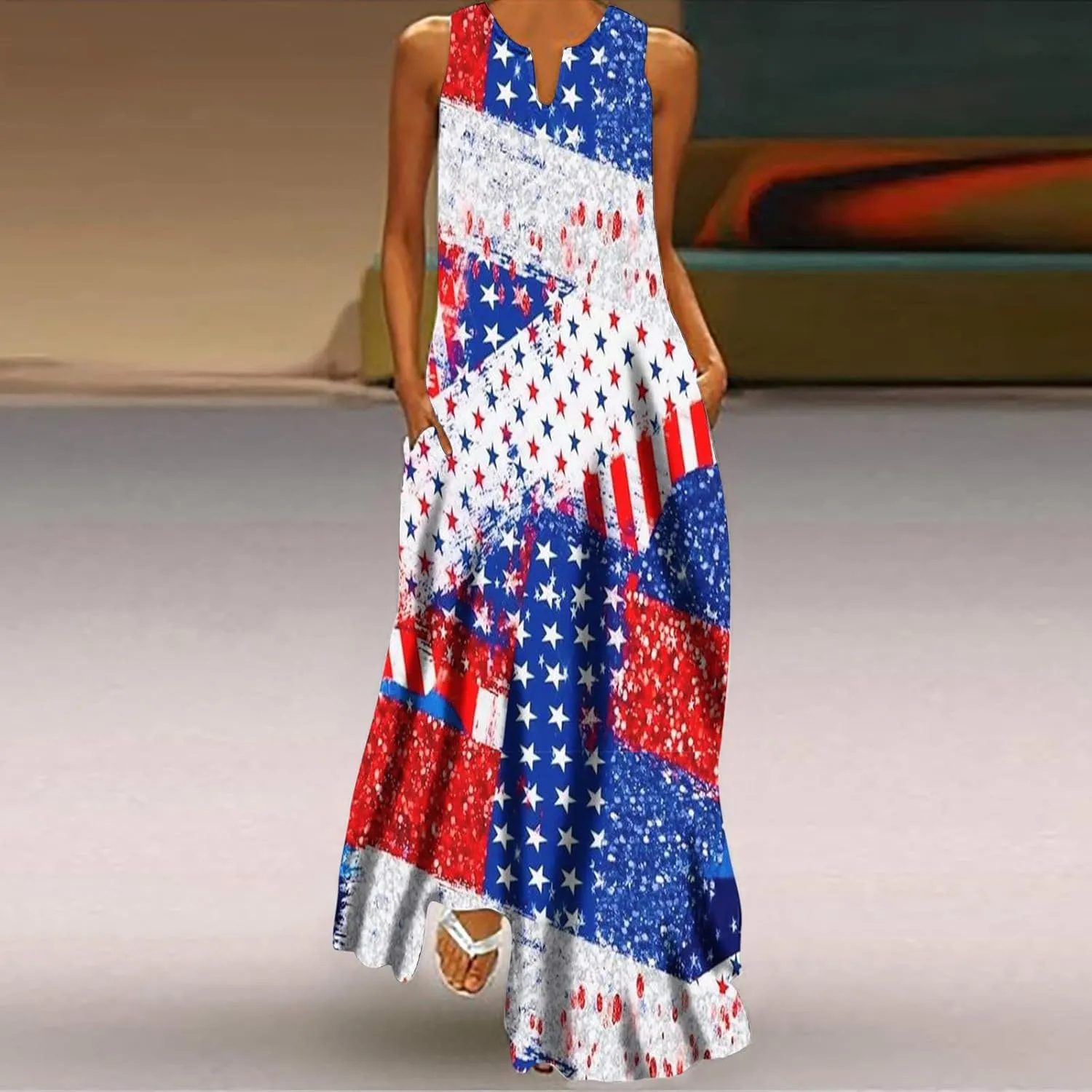 4th of July Maxi Long Dresses for Women 2023 Casual Summer Sleeveless Flowy Tank Sundress Star Stripes Patriotic Dress