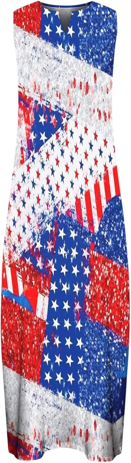 4th of July Maxi Long Dresses for Women 2023 Casual Summer Sleeveless Flowy Tank Sundress Star Stripes Patriotic Dress