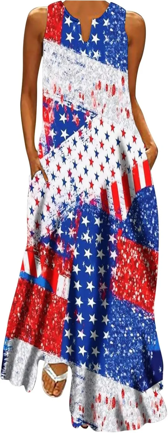 4th of July Maxi Long Dresses for Women 2023 Casual Summer Sleeveless Flowy Tank Sundress Star Stripes Patriotic Dress
