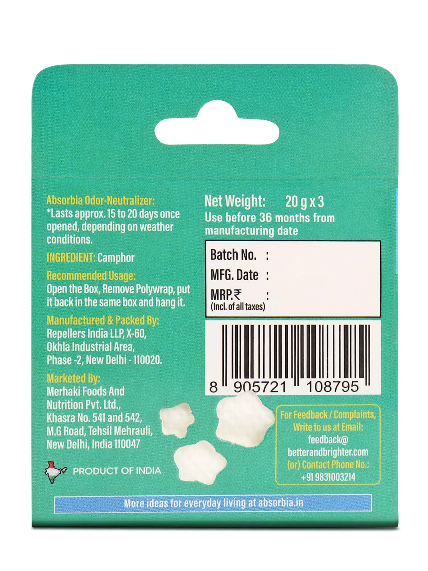 Absorbia Natural Camphor (Kapoor) Unique Diamond shape for Equal Dispersion | 20G X 3 | Small & Compact | Multi purpose uses for Room, Car, bathrooms | 2 in 1 "Natural Air Freshener & Bug repellent"