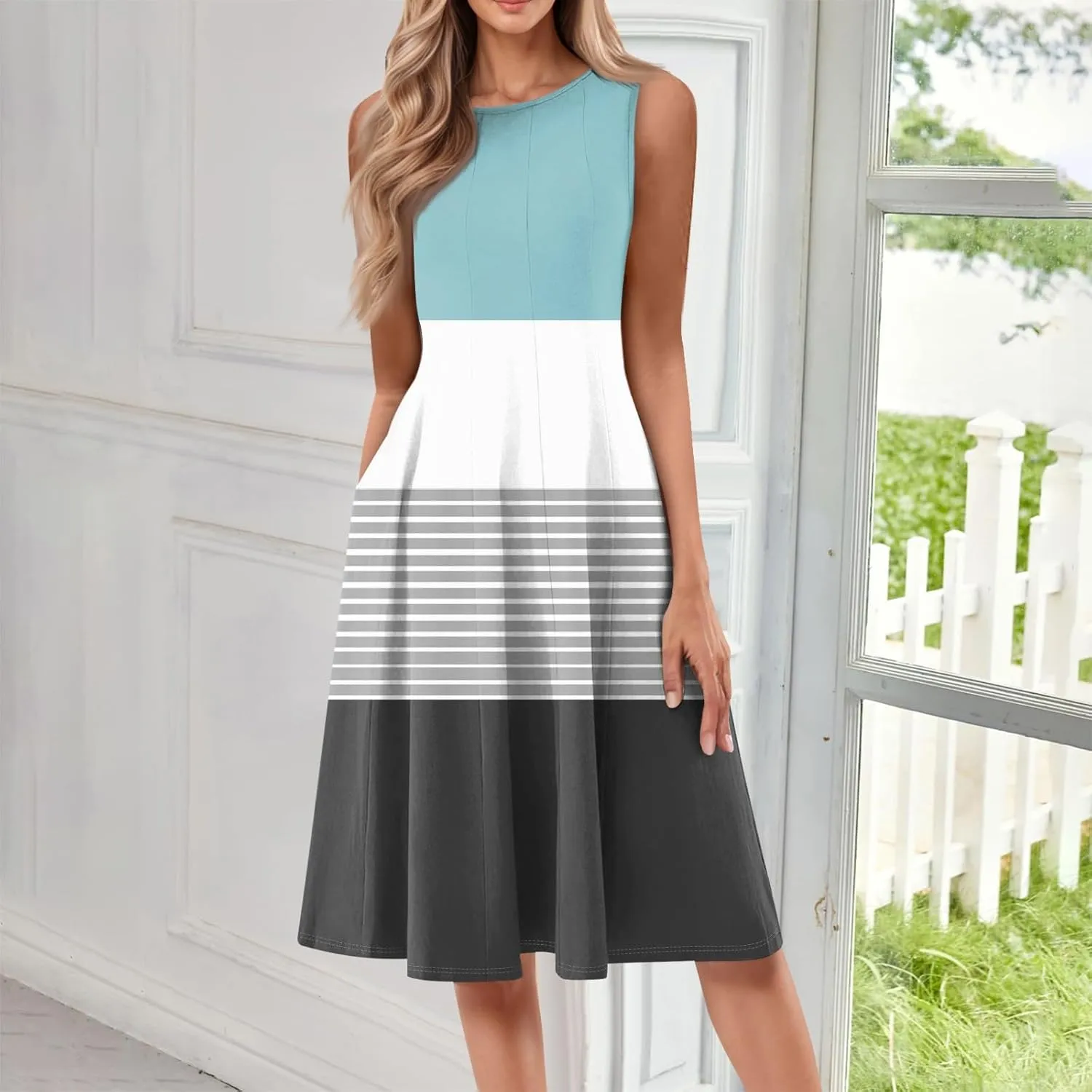 ADHOWBEW Easter Dresses for Women 2025 Casual Flowy Sexy Plus Size Sleeveless Vacation Tropical Dresses