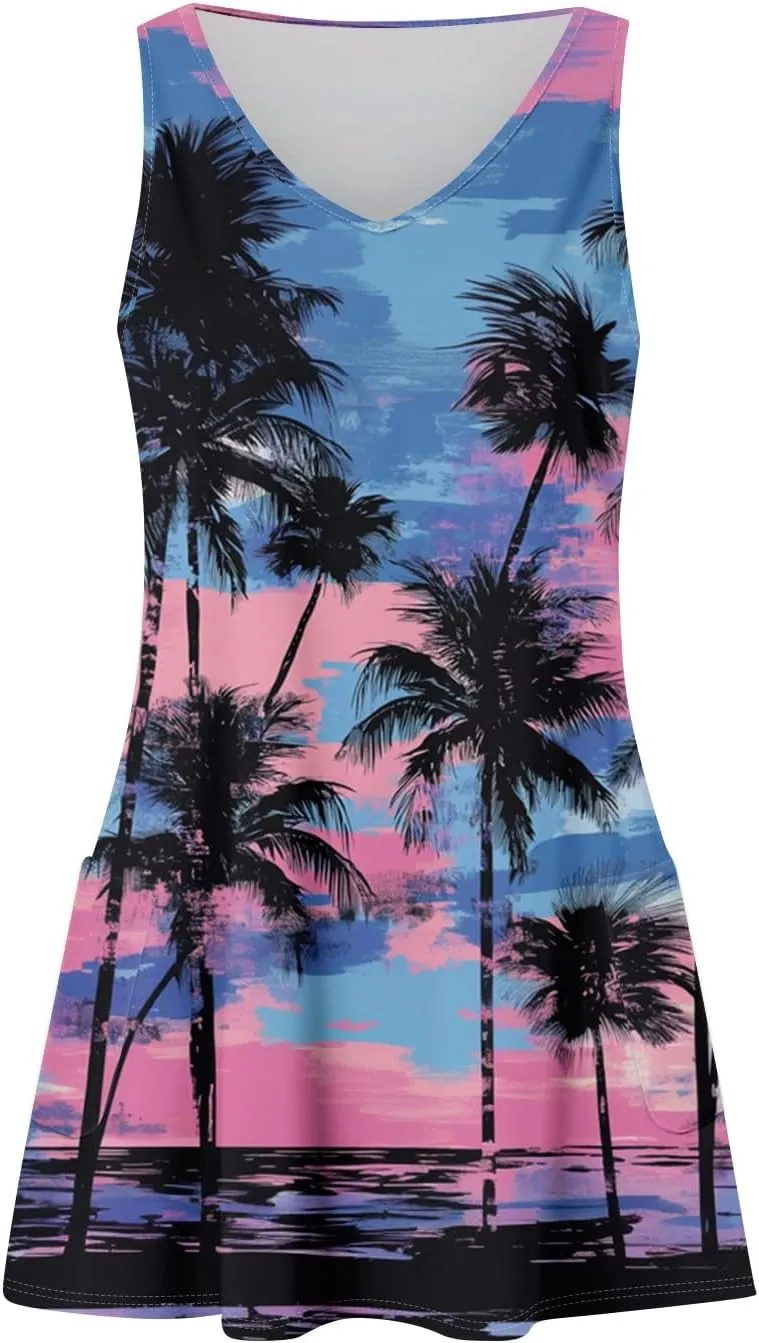 ADHOWBEW Flowy Dresses for Women Womens Beach V Neck Cute Tropical Print Sexy Hawaiian Sleeveless Tank Dresses