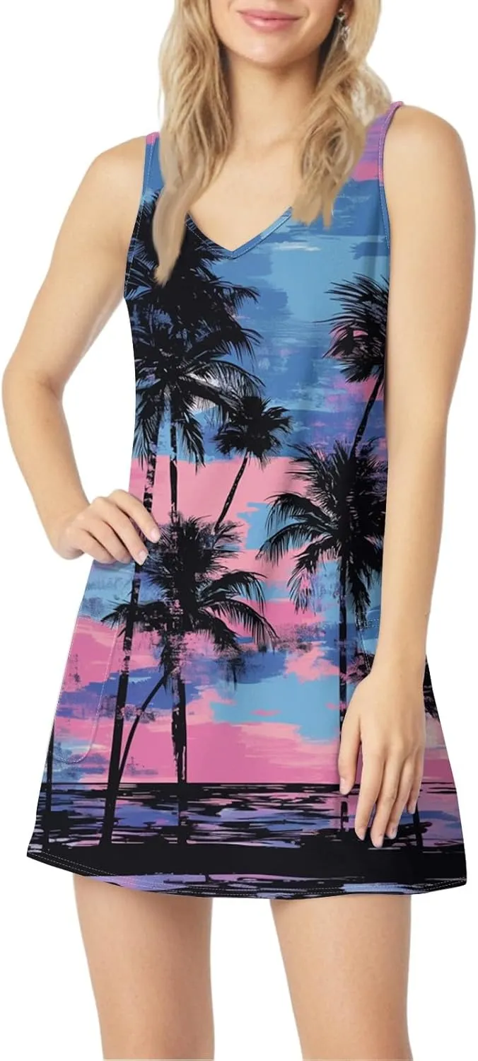 ADHOWBEW Flowy Dresses for Women Womens Beach V Neck Cute Tropical Print Sexy Hawaiian Sleeveless Tank Dresses