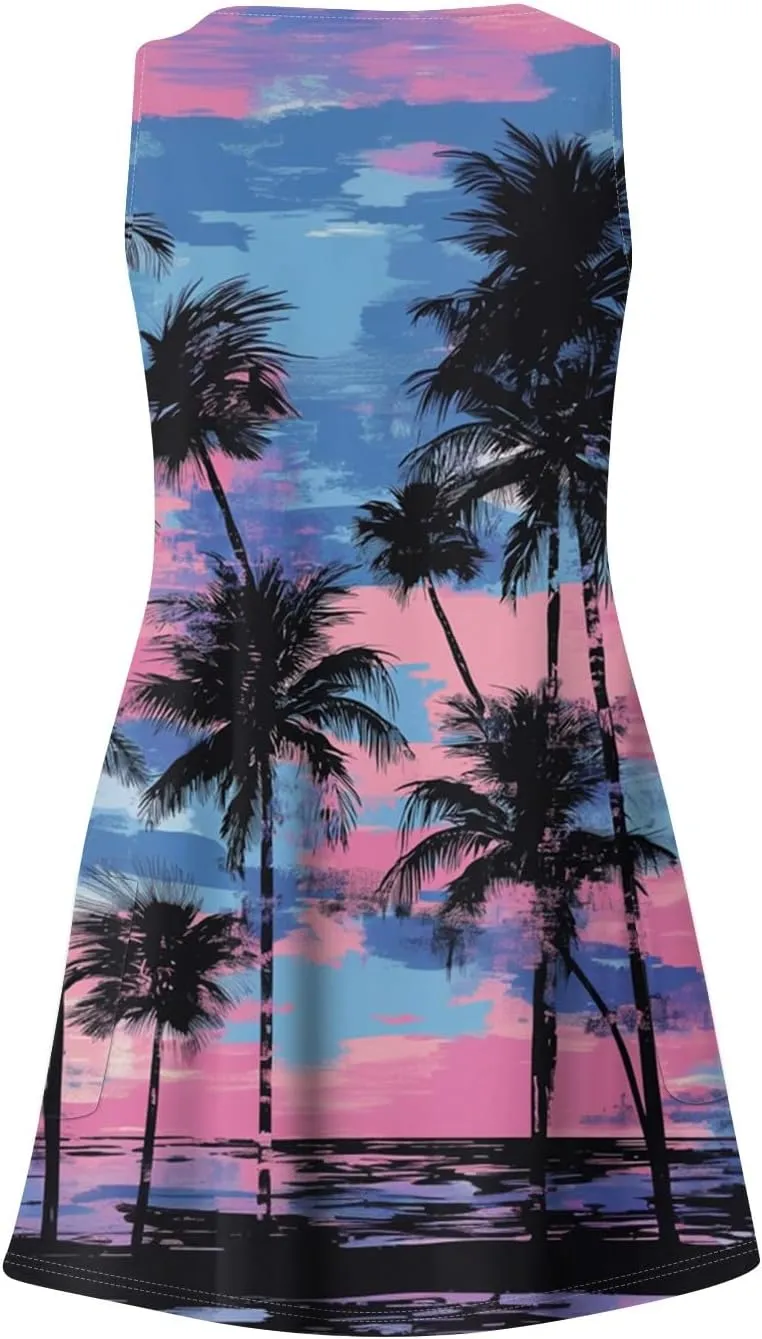 ADHOWBEW Flowy Dresses for Women Womens Beach V Neck Cute Tropical Print Sexy Hawaiian Sleeveless Tank Dresses