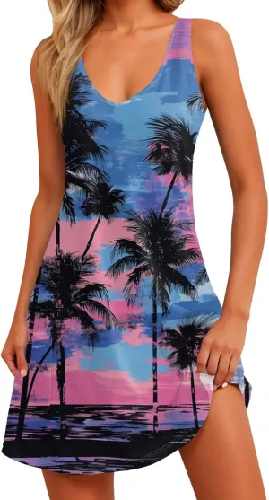 ADHOWBEW Flowy Dresses for Women Womens Beach V Neck Cute Tropical Print Sexy Hawaiian Sleeveless Tank Dresses