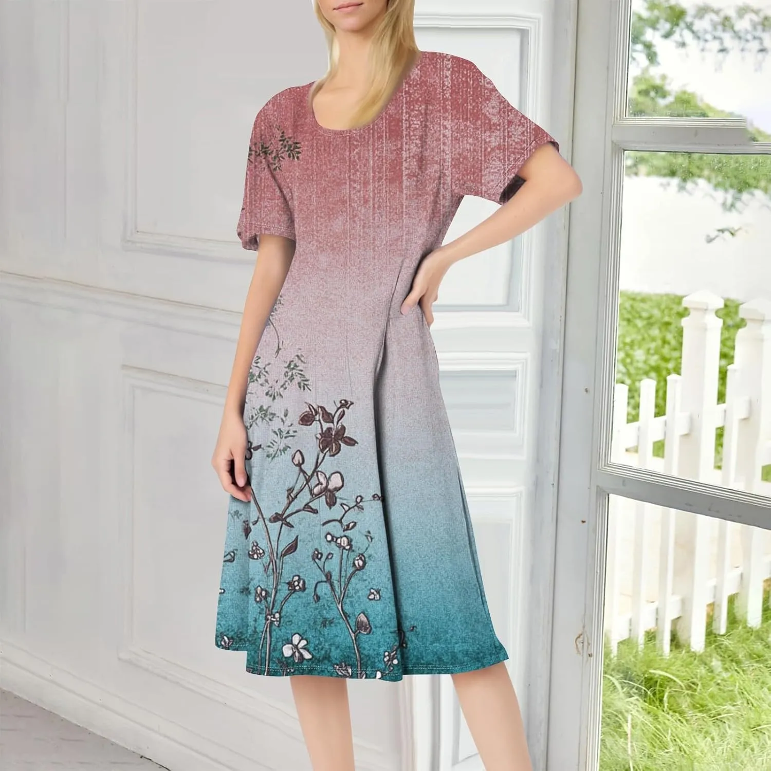 ADHOWBEW Plus Size Dresses for Women O Neck Trendy Cute Casual Loose Fit Hawaiian Short Sleeve Beach Dresses