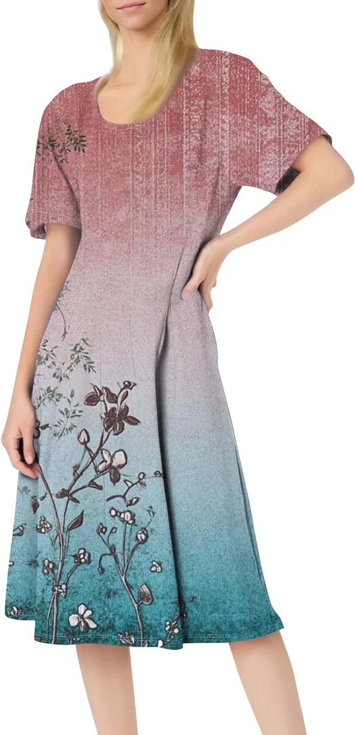 ADHOWBEW Plus Size Dresses for Women O Neck Trendy Cute Casual Loose Fit Hawaiian Short Sleeve Beach Dresses