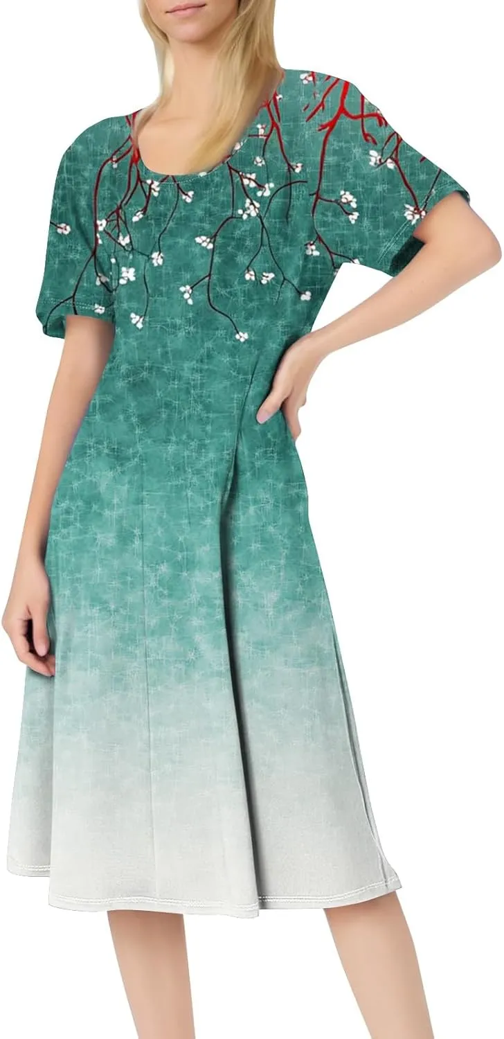 ADHOWBEW Plus Size Dresses for Women O Neck Trendy Cute Casual Loose Fit Hawaiian Short Sleeve Beach Dresses