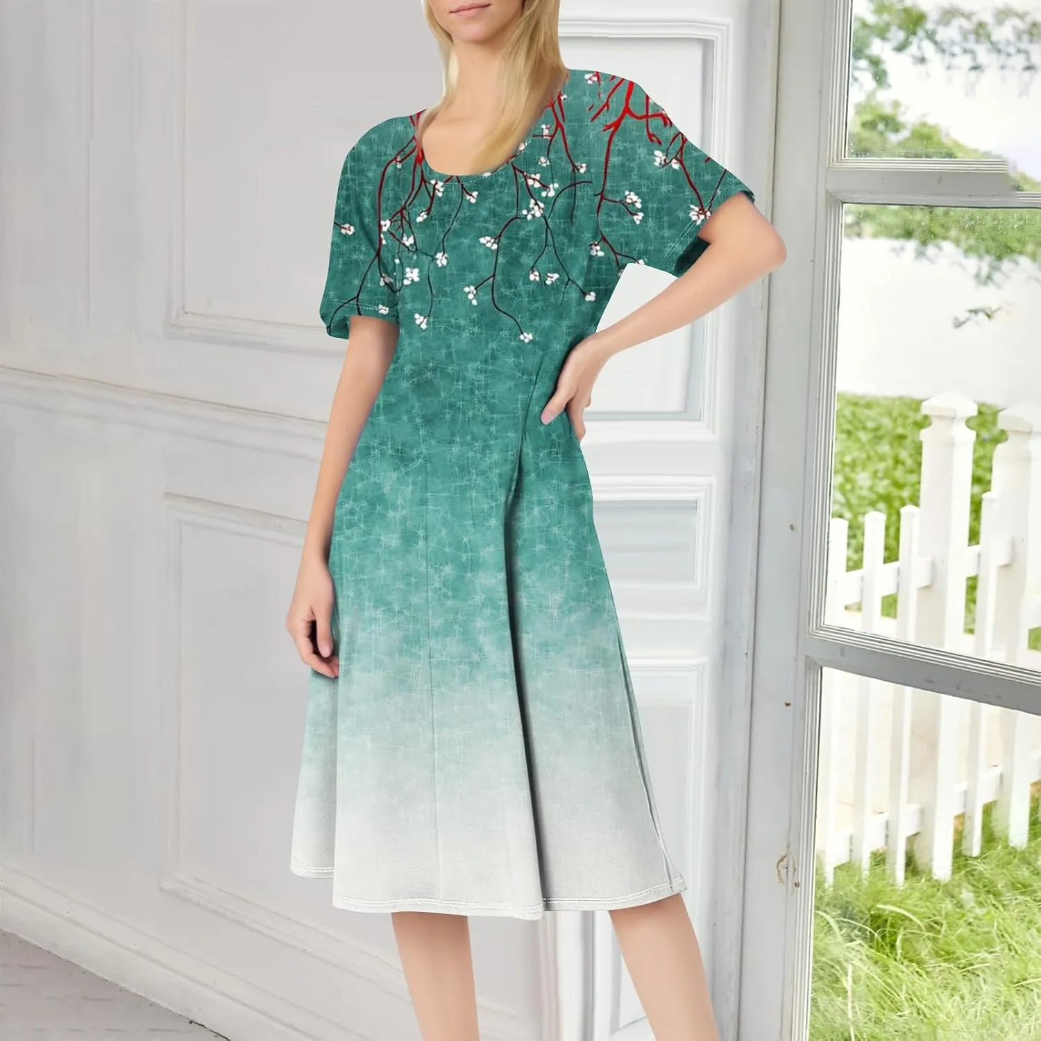 ADHOWBEW Plus Size Dresses for Women O Neck Trendy Cute Casual Loose Fit Hawaiian Short Sleeve Beach Dresses