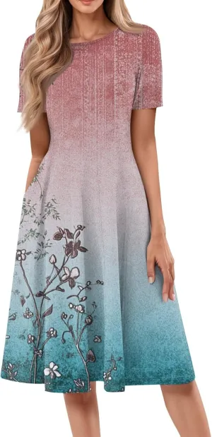 ADHOWBEW Plus Size Dresses for Women O Neck Trendy Cute Casual Loose Fit Hawaiian Short Sleeve Beach Dresses