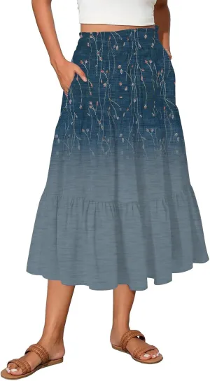ADHOWBEW Skirts for Women Midi Length Summer Trendy Elastic Waist Smocked Beach High Waist Bohemian Skirts