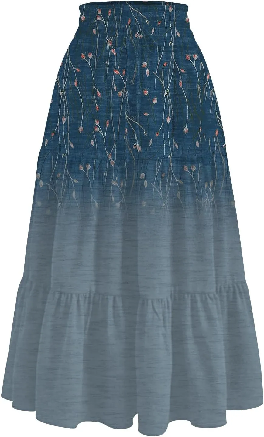 ADHOWBEW Skirts for Women Midi Length Summer Trendy Elastic Waist Smocked Beach High Waist Bohemian Skirts