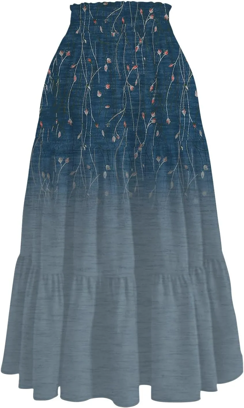 ADHOWBEW Skirts for Women Midi Length Summer Trendy Elastic Waist Smocked Beach High Waist Bohemian Skirts