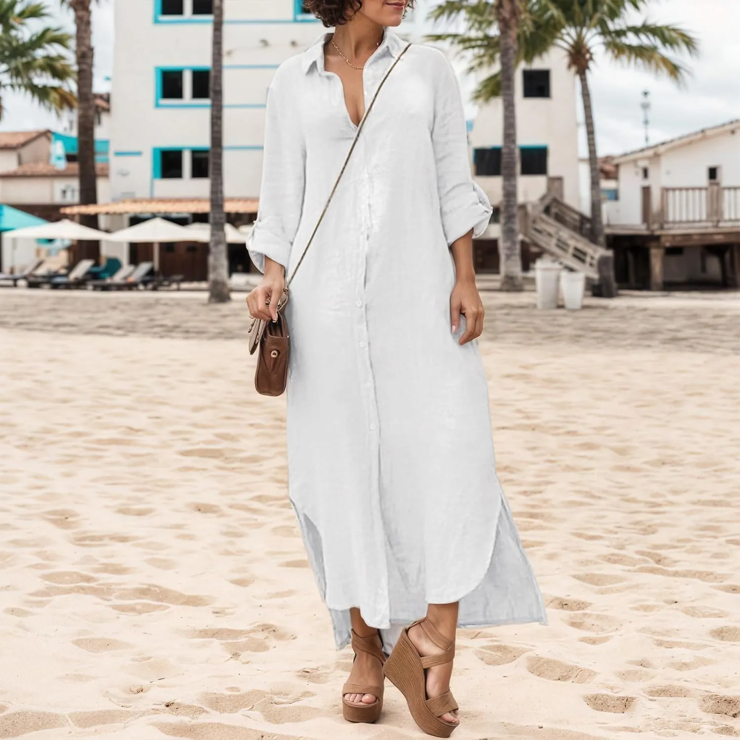 Akivide Women's Summer Cotton Linen Button Down V Neck Dress Casual Flowy Short Sleeve Ruffle Hem Vacation Midi Dress