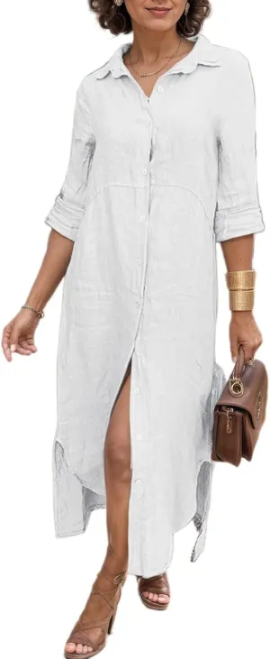 Akivide Women's Summer Cotton Linen Button Down V Neck Dress Casual Flowy Short Sleeve Ruffle Hem Vacation Midi Dress