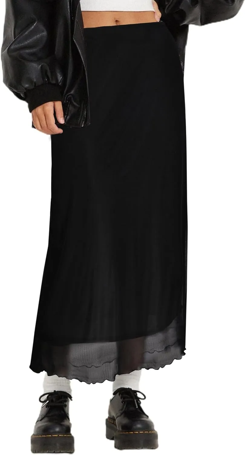 Avanova Women Ditsy Floral Bohemian Mesh Midi Skirt Elastic High Waisted Flowy Summer Long Skirt