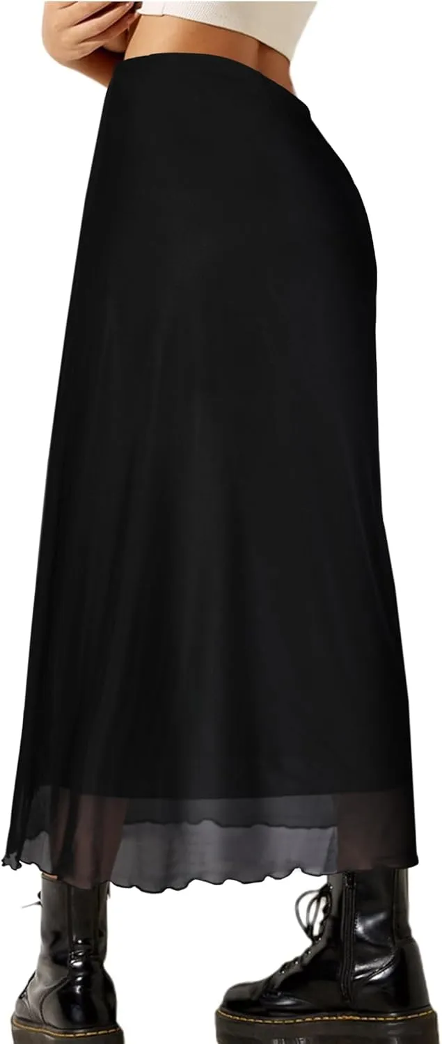 Avanova Women Ditsy Floral Bohemian Mesh Midi Skirt Elastic High Waisted Flowy Summer Long Skirt