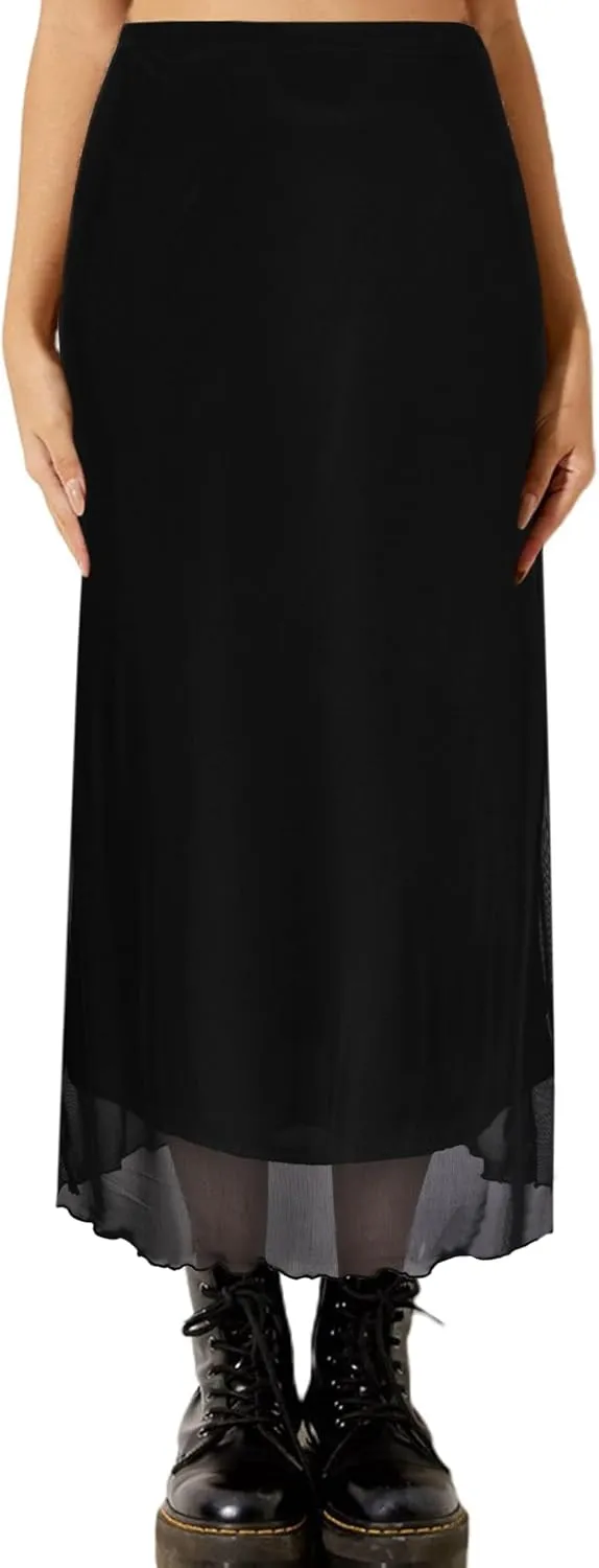 Avanova Women Ditsy Floral Bohemian Mesh Midi Skirt Elastic High Waisted Flowy Summer Long Skirt