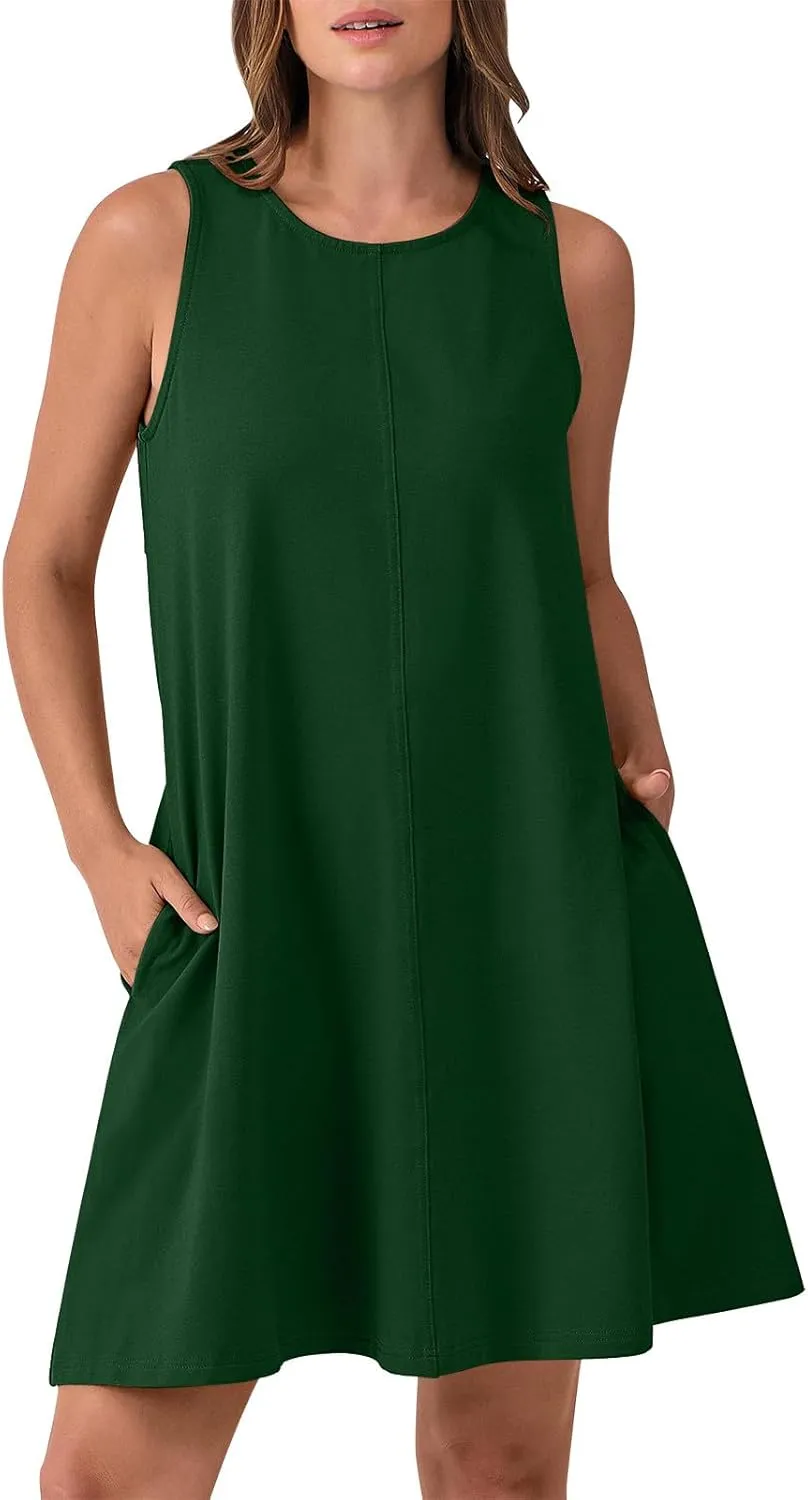 Backless Mini Dress Women 2025 Sleeveless Crewneck Solid Color Loose Summer Casual Sexy Open Back Vacation Outfits