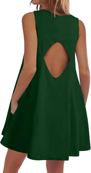 Backless Mini Dress Women 2025 Sleeveless Crewneck Solid Color Loose Summer Casual Sexy Open Back Vacation Outfits