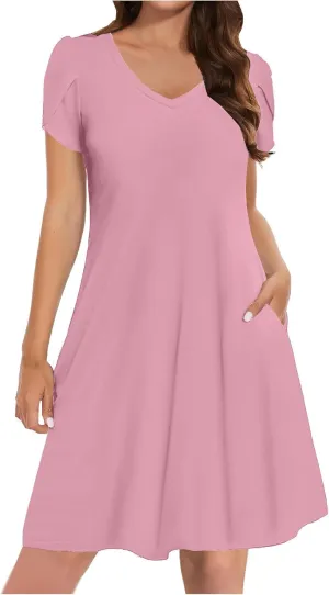 Beach Dresses for Women 2025 Vacation Casual Short Sleeve Dresses Solid Color Loose Crew Neck Sundress with Pocket