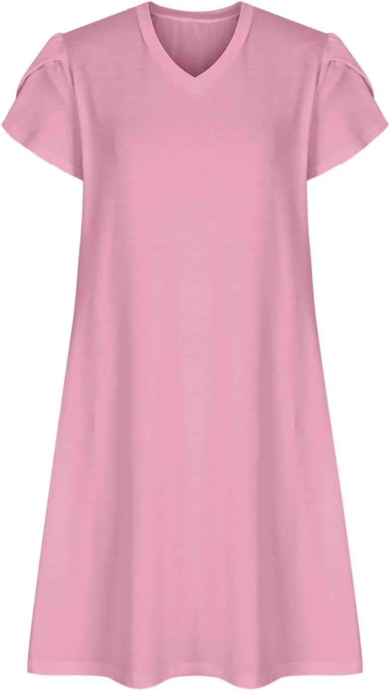 Beach Dresses for Women 2025 Vacation Casual Short Sleeve Dresses Solid Color Loose Crew Neck Sundress with Pocket